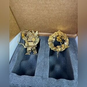 Lot Of 2 Danbury Mint 2023 Gold Ornaments Partridge In A Pear Tree & Santa Claus
